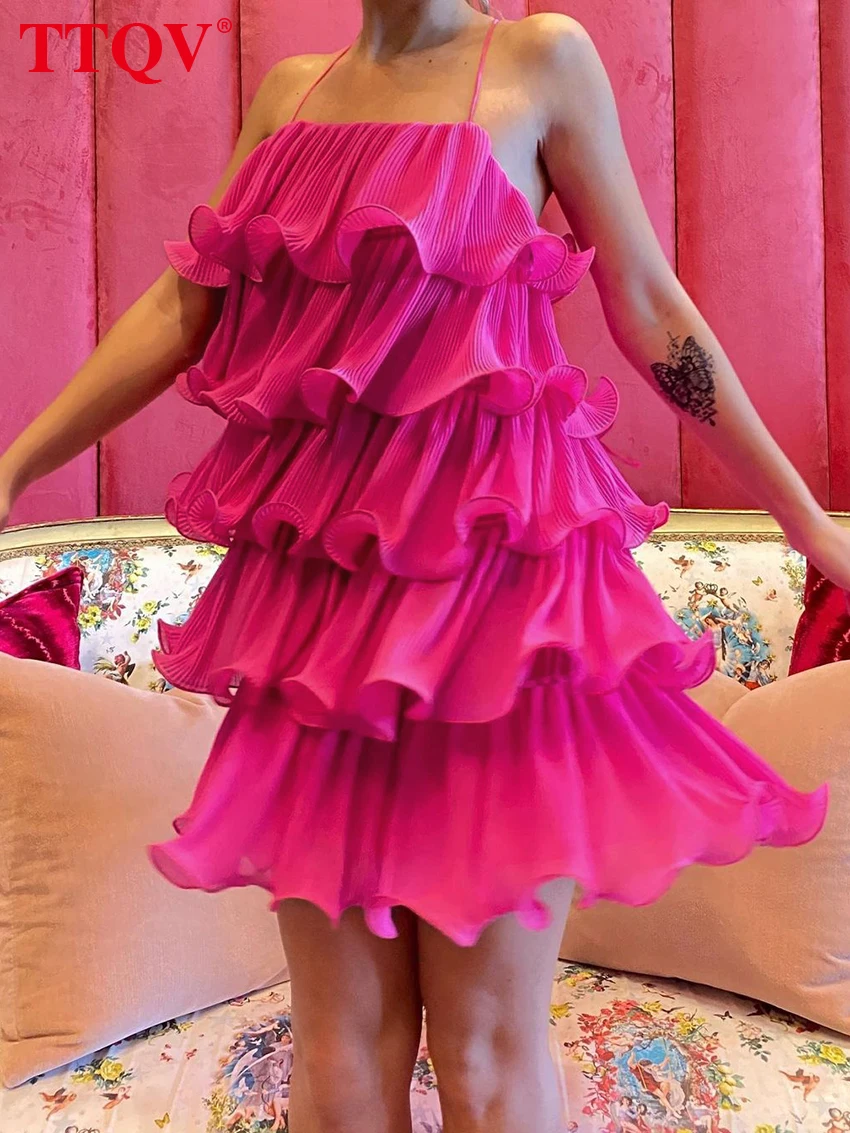 

Элегантное темно-розовое платье Ttqv на бретельках для женщин, модное повседневное мини-платье без рукавов с каскадными оборками, уличная одежда