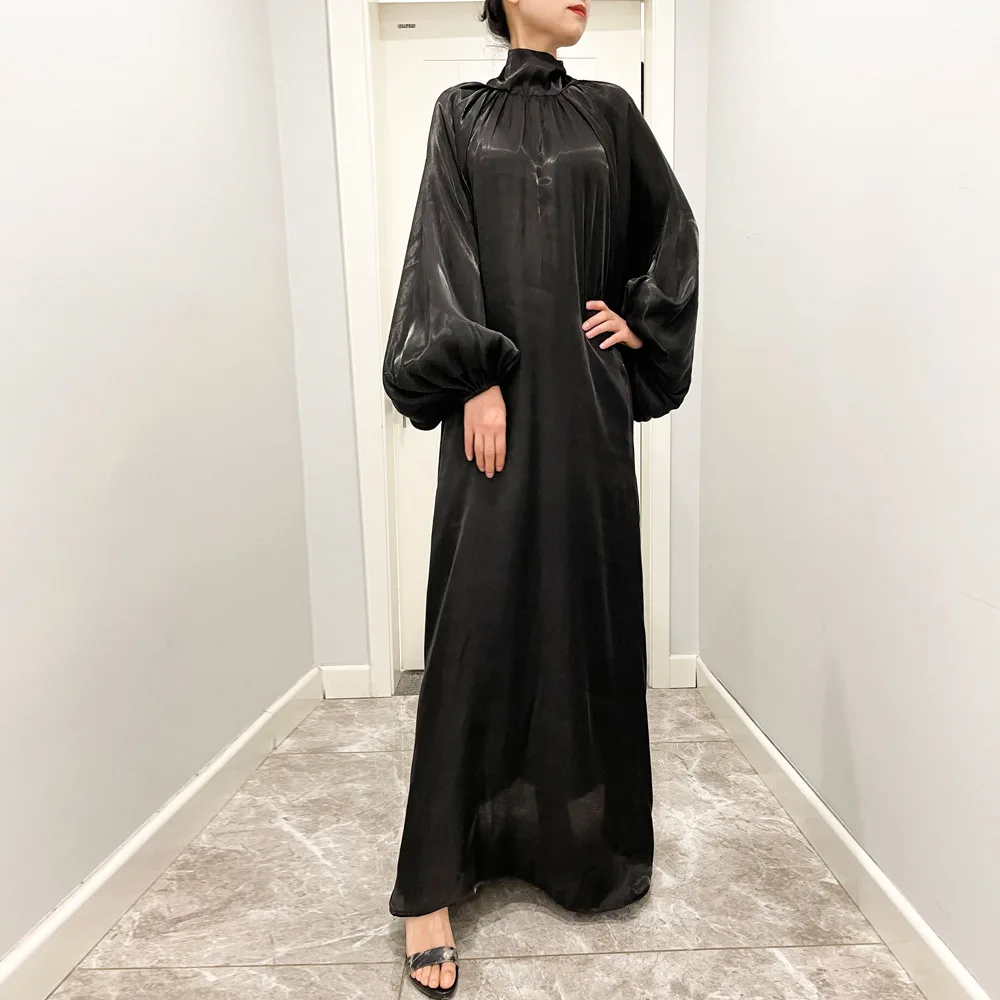 Women Abaya High Quality Modest Maxi Dress Lantern Sleeve Silk Islamic Clothing Robe Glitter Satin Dubai Turkey Kaftan