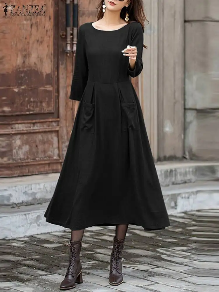 

ZANZEA Elegant Collect Waist Vestidos Swing Women Pocket A-line Long Dresses 2023 Autumn Round Neck Dress Vintage Office Robes