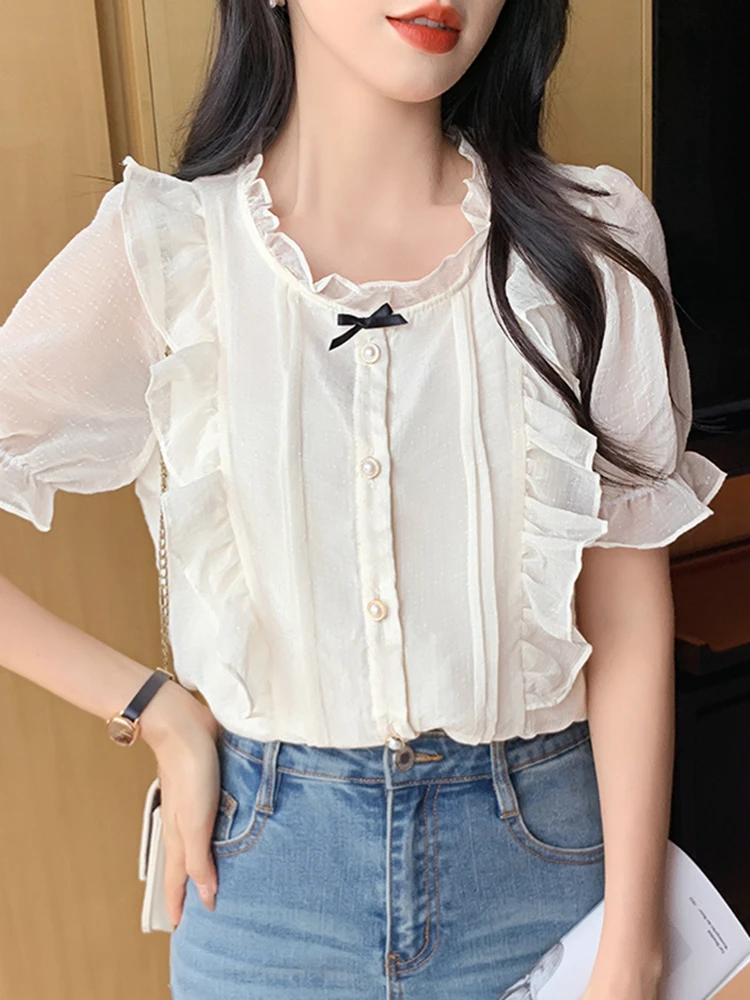 

2023 Summer New Design Feeling Small, Ruffle Edge Bubble Sleeve Top French Style Chiffon Shirt Female