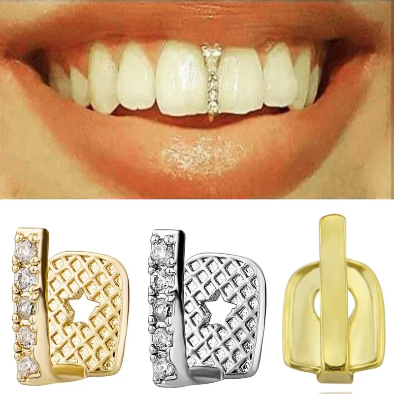 AAA Zircon 18k Gold Plated Tooth Cap For Men Hip Hop Dental Grills Braces Teeth Decor Top & Bottom Cover Set Drop Shipping