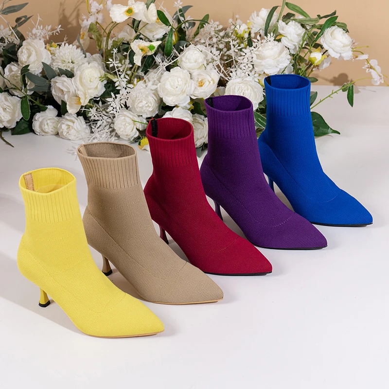 

Europe and The United States 2023 Women's High Heel Ankle Boots Knit Autumn and Winter Single Boots Pointed Heel Shoes Winter