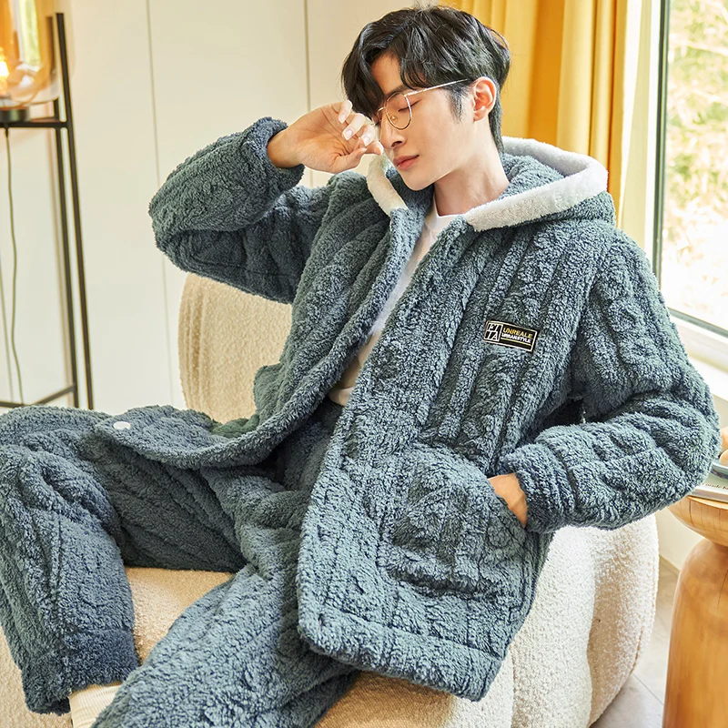 

QUHENG 2022 Flannel Pajamas Set for Man Autumn Winter Long Sleeve Thicked Velvet Warm Coral Fleece Home Clothing Sleepwear Set