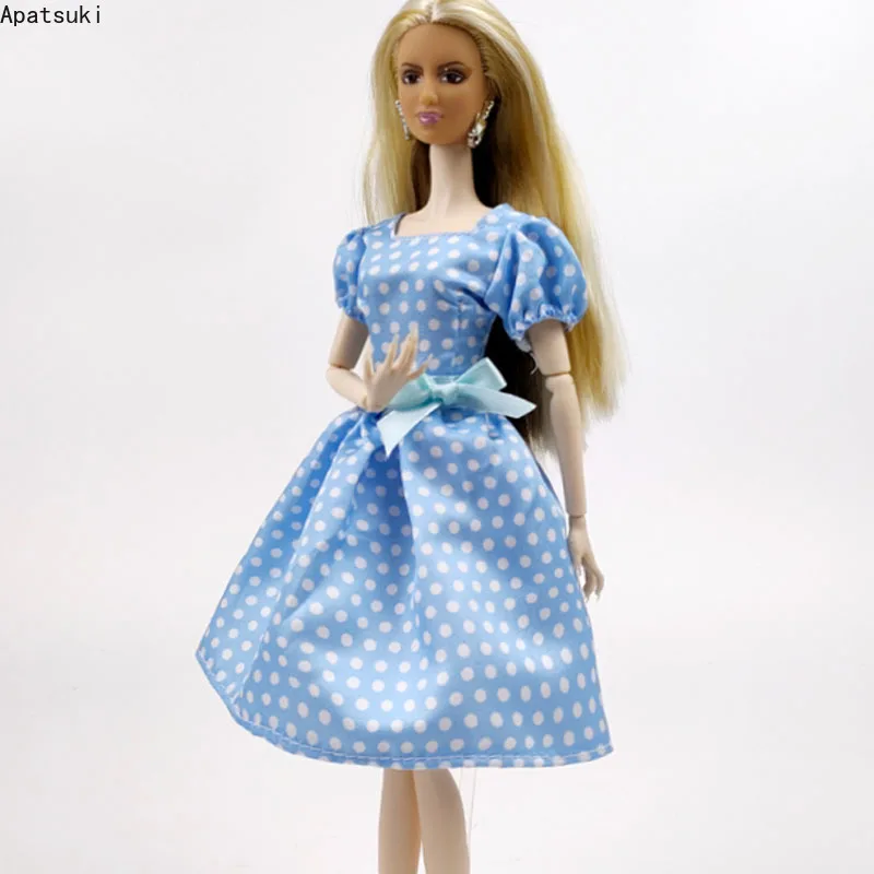 

Синее платье в горошек с бантом для кукол Барби, одежда, вечерние платья, Одежда для кукол Барби, наряды, аксессуары 1:6
