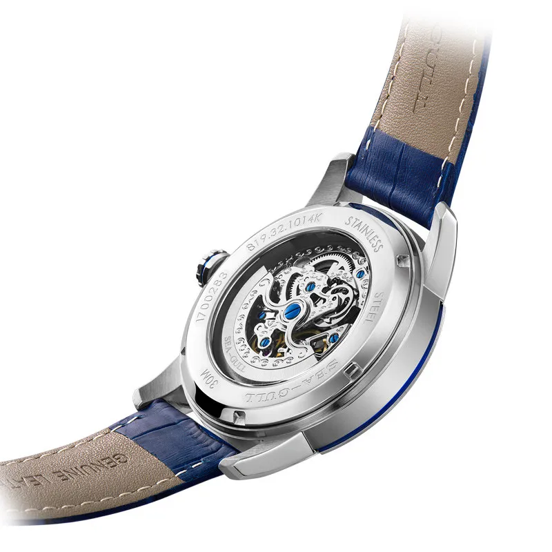 2022 Seagull Men's Watch Automatic Mechanical Watch Business Fashion Blue Waterproof Leather Hollow Flywheel Watch 1014K