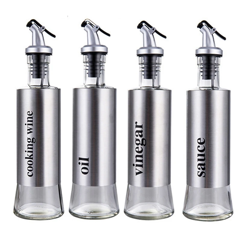 

4PCS Glass Stainless Steel Leakproof Seasoning Bottle Household Oil Dispenser Soy Sauce Bottle Vinegar Pot Kitchen Tools