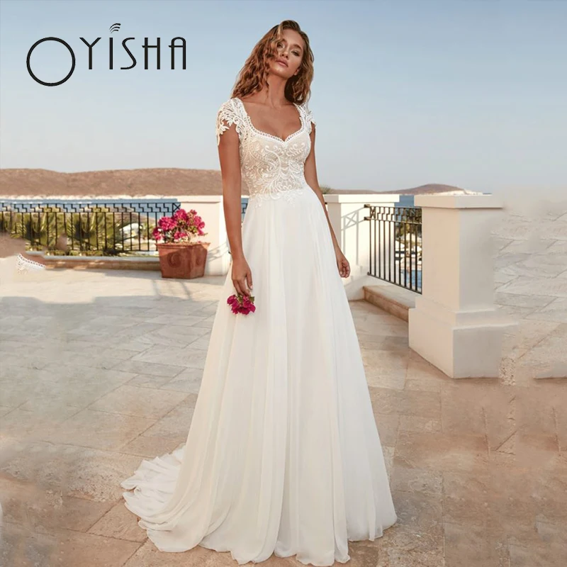 

Шифоновые Свадебные платья OYISHA в богемном стиле, женское платье невесты с рукавом-крылышком и V-образным вырезом, а-силуэт, элегантное пляжное платье с сердечком в богемном стиле, женское платье невесты с рукавом-кр