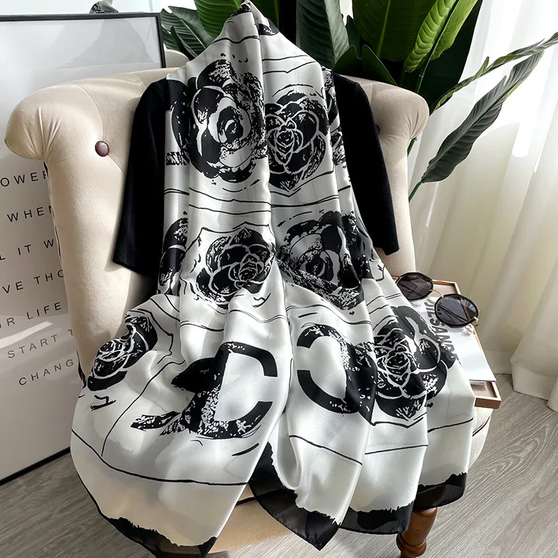 

Spring and Autumn Imitation Silk Scarf Women Beach Long Luxury Brand Shawl Outdoor Soft and Silky Keep Warm Scarf Lady 180*90cm