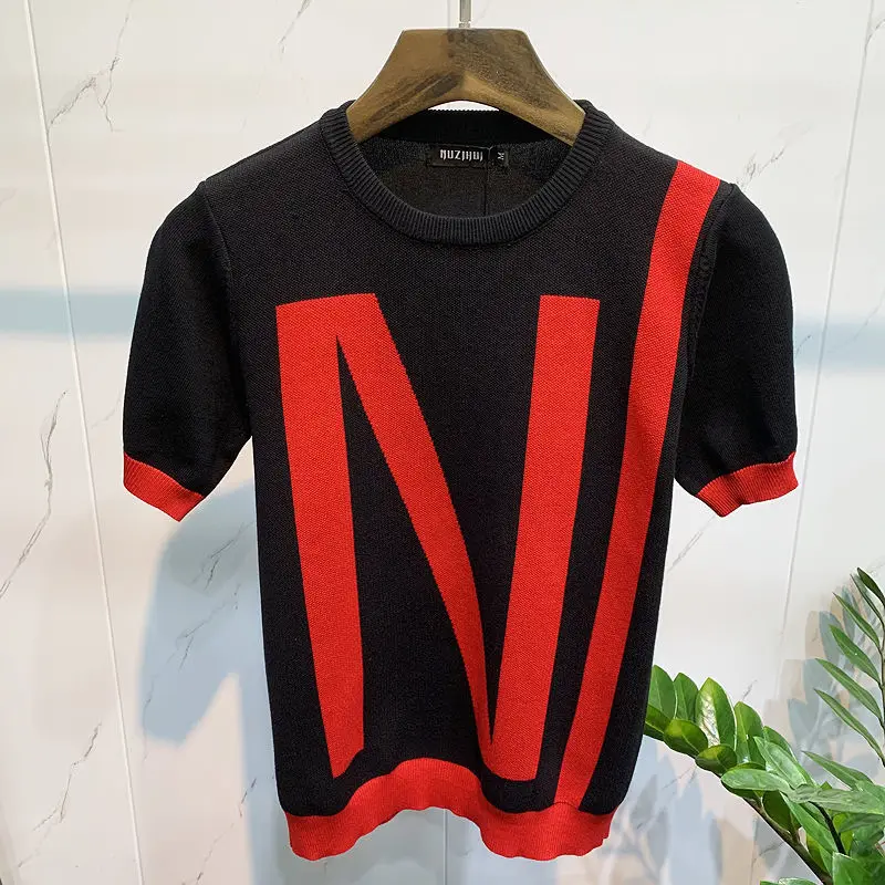 

2022 autumn and winter new men's sweater short sleeve T-shirt Korean slim letter jacquard round neck sweater