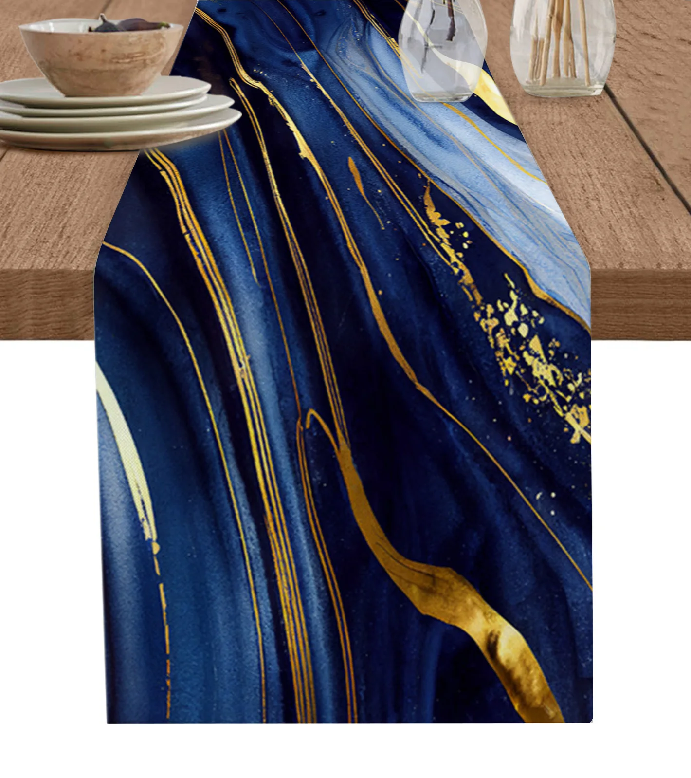 

Текстура с желтыми мраморными краями, синяя настольная дорожка, украшение для дома, украшение для обеденного стола, декор для стола