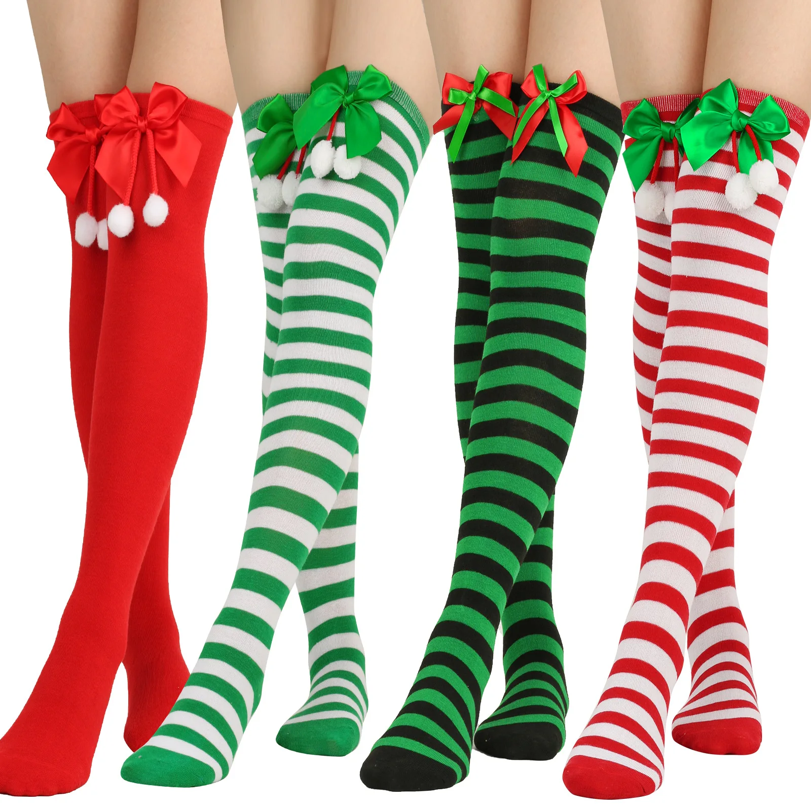2Pcs Bowknot Christmas Sock Long Sexy Stockings Woman Polainas Harajuku Japanese Fashion Green White Red Stripes Knee High Socks
