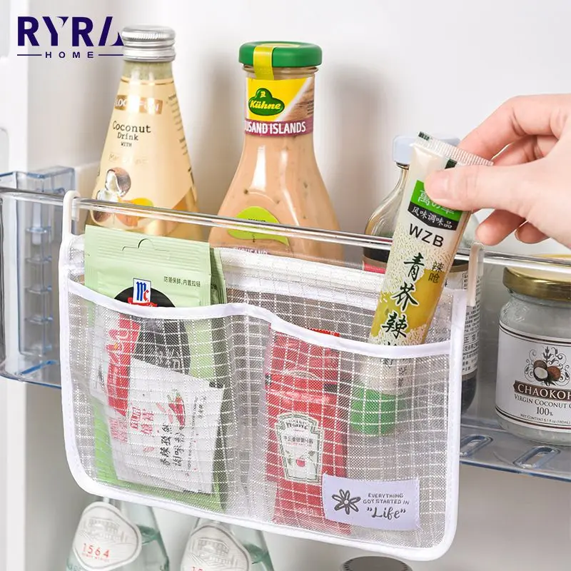 

Kitchen Refrigerator Hanging Mesh Storage Bag Creative Refrigerator Storage Mesh Bag Classification Two Compartment Storage Bag