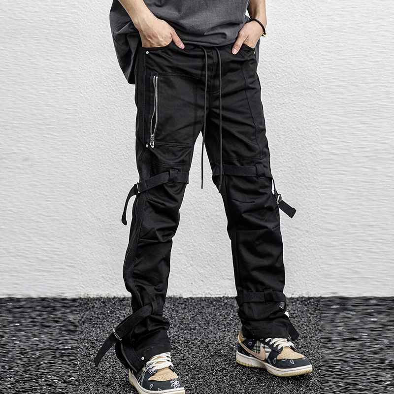 

High Street Pockets Side Zipper Vibe Style Cargo Pants Mens Retro Black Oversized Overalls Loose Hip Hop Casual Trousers