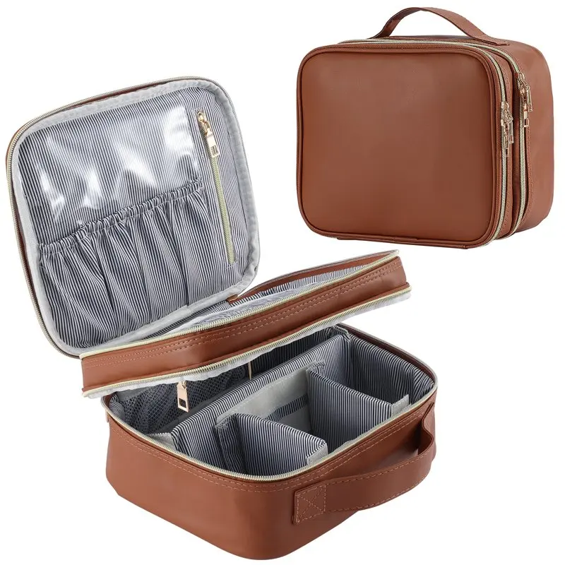Double Layer Travel Makeup Bag Organizer Large Makeup Case with Dividers Cosmetic Train Case Toiletry Bags