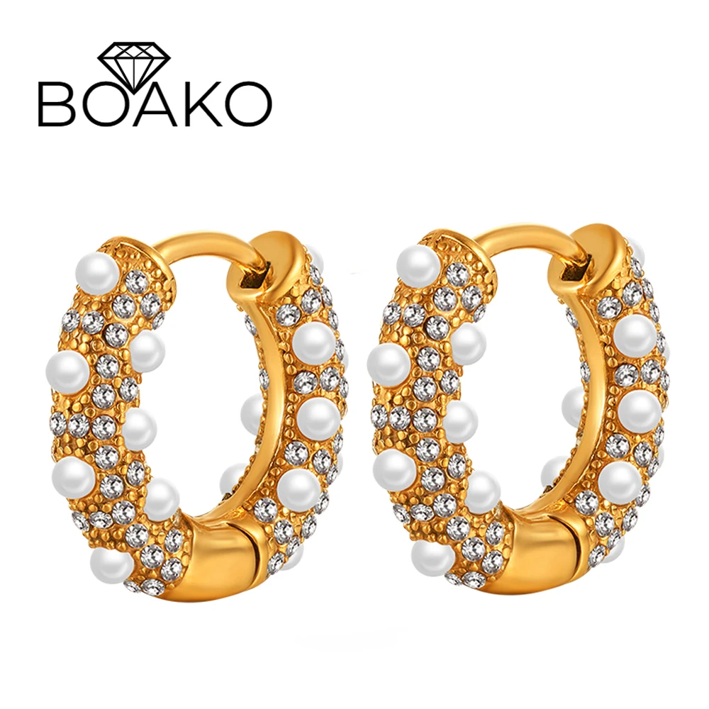 

BOAKO Fashion Round Imitation Pearls Earring For Women 316L Stainless Steel Cubic Zirconia Huggie Hoop Earrings Elegant Jewelry
