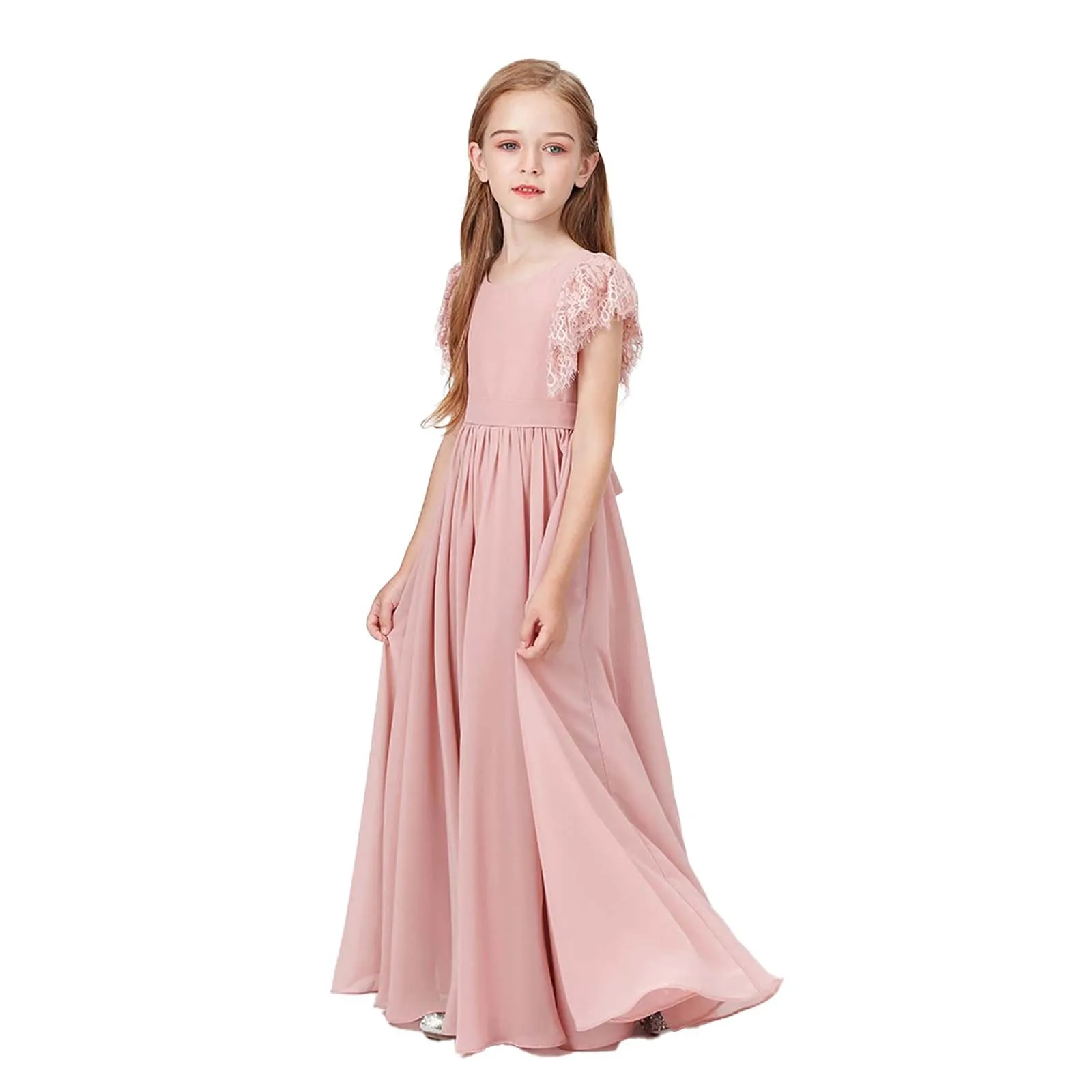 

YZYmanualroom Flower Girl Dress Round Neck Pink Lace Kids Long Ball Gown Children Wedding Party Costume Evening Dresses