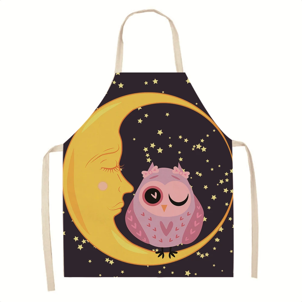 

Новинка, Женский фартук из льна и льна с изображением совы и Луны, домашние повседневные кухонные маслостойкие фартуки для готовки