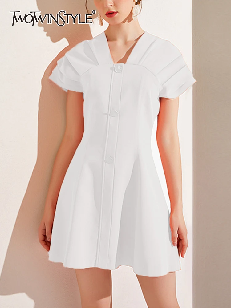 

TWOTWINSTYLE Solid Slimming Dresses For Women V Neck Short Sleeves High Waist Patchwork Button A Line Dress Female Fashion 2023