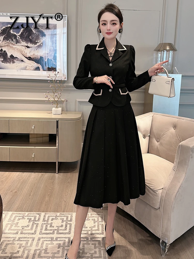 

ZJYT Autumn Elegant Office Two Piece Dress Set for Women Outfit Long Sleeve Jacket and Skirt Suits Black Conjuntos Para Mujeres