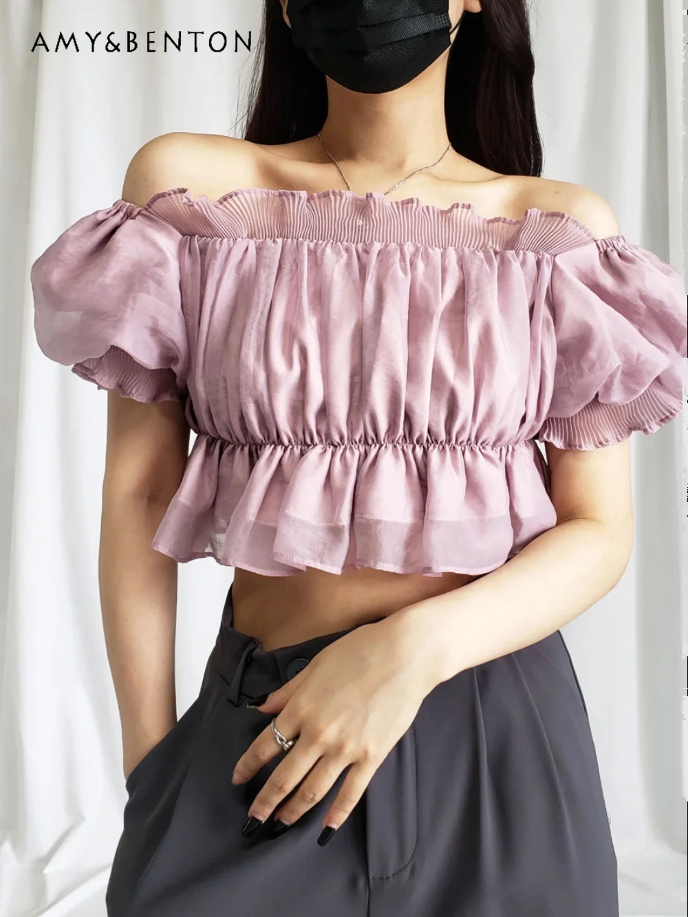 

Милая Прозрачная Сексуальная рубашка с открытыми плечами, с открытыми плечами и пышными рукавами, женский топ в стиле "Лолита", с рюшами, эластичный корсет с высокой талией, Топ