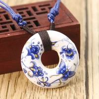 blue and white porcelain ceramic pendant necklace butterfly flower lucky charms handmade vintage ethnic jewelry for women gifts