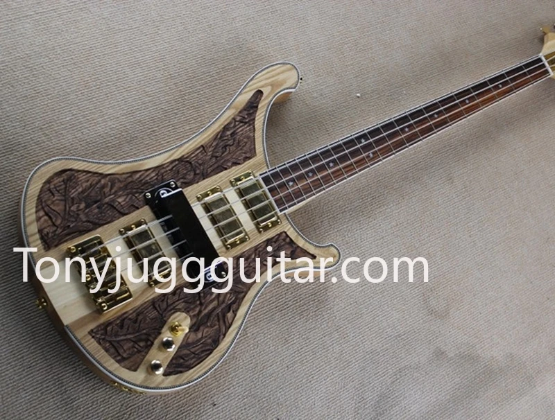 

4004 LK Lemmy Kilmister Natural Walnut Hand-carved Electric Bass Guitar Big Pickup Cover Version, Gold Sparkle Truss rod Cover,
