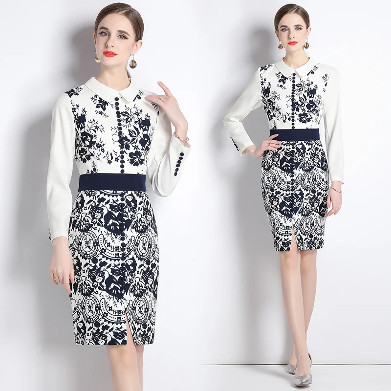 

Women's New Spring and Summer High-end Temperament Doll-neck Long-sleeved Single-breasted Slim Fitting Printed Banquet Dress