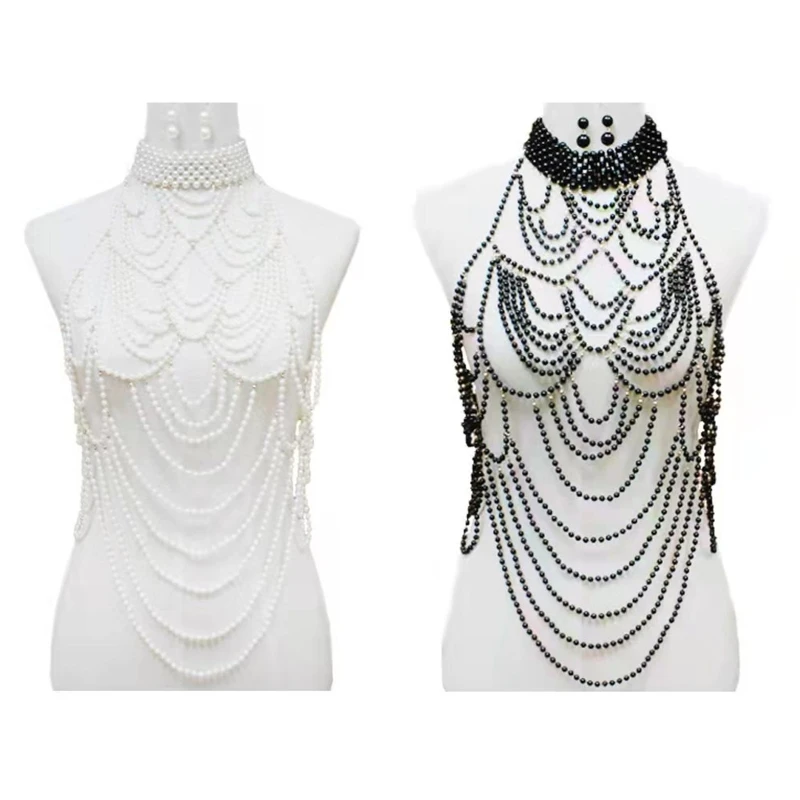 

Women Layered Pearl Body Chain Choker Necklace Harness Sexy Bikini Body Jewelry DXAA