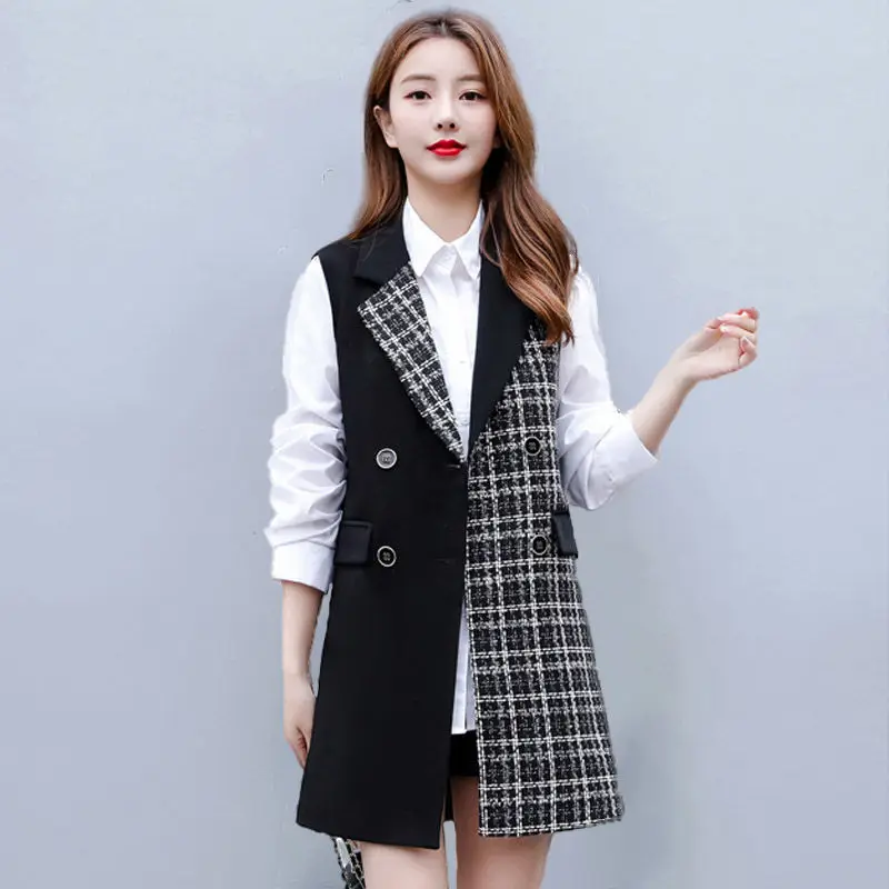 

Classic Plaid Long Blazer Vest Women Sleeveless Jacket Elegant Office Lady Coat Female Waistcoat Casual Suits Big Size 5XL E350