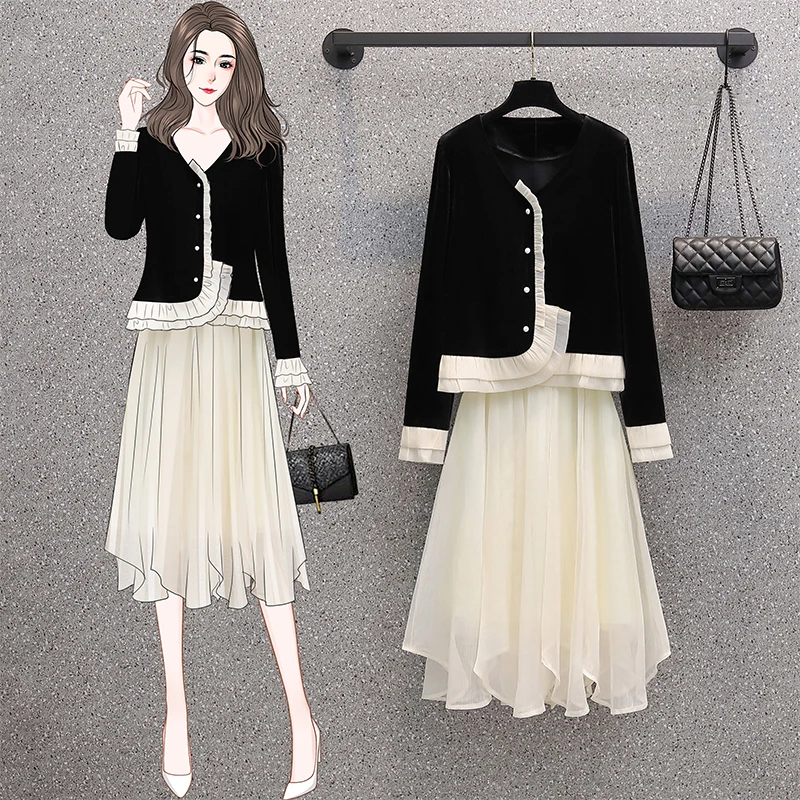 

Женский винтажный элегантный костюм, бархатная куртка, топ и сетчатая юбка-пачка, комплект из двух предметов, подходящая одежда, французская осенне-зимняя одежда