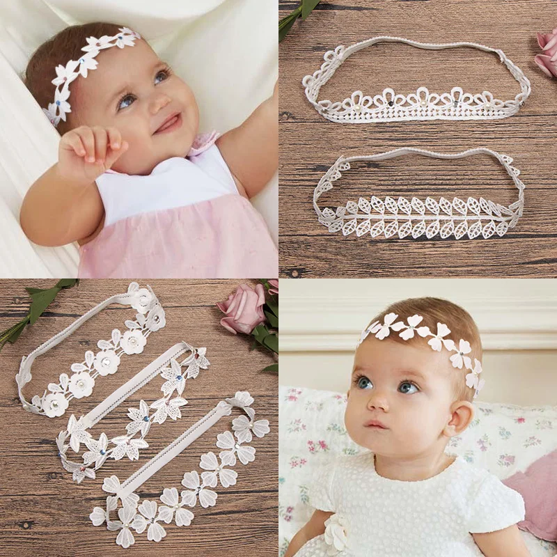 

Korean Baby White Lace Headbands Crown Rhinestone Flower Princess Headwraps for Girls Baby Hair Accessories Newborn Photo Props