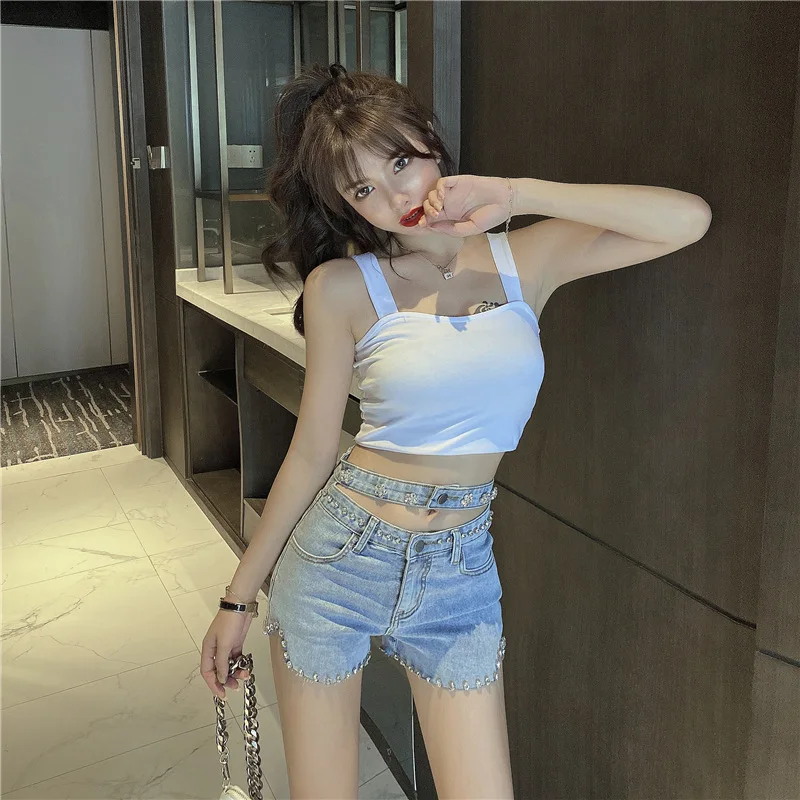 Sweet Elegant 2021 Women Sexy High Waist Beading Blue Denim Shorts Summer Female Korean Y2k New Solid Color Shorts Zipper Shorts