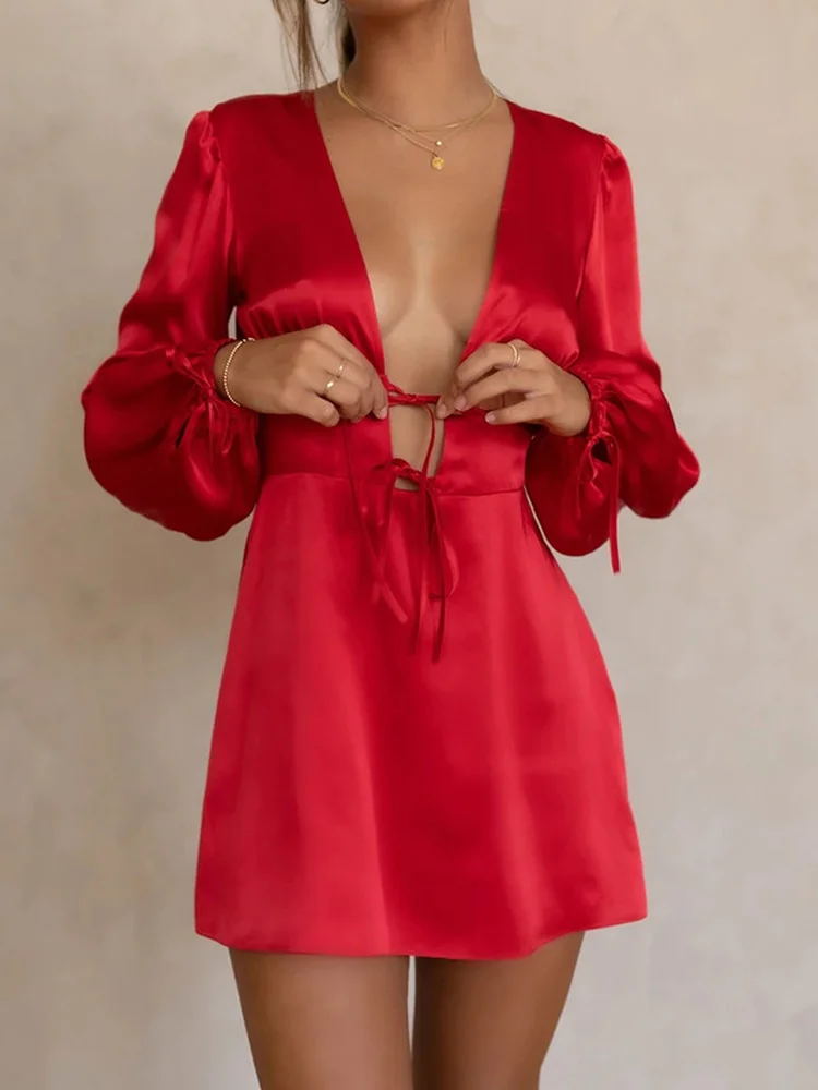 

Sexy Deep V-neck Lantern Sleeve Backless Tunics Mini Dress Elegant Chic Women Bandage High Waist Evening Party Club Outfits Y2K