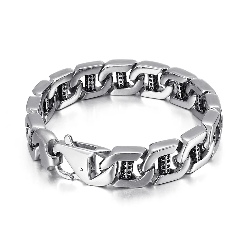 

15mm Silver Punk Chain Bracelet Stainless Steel Retro Bangle for Men