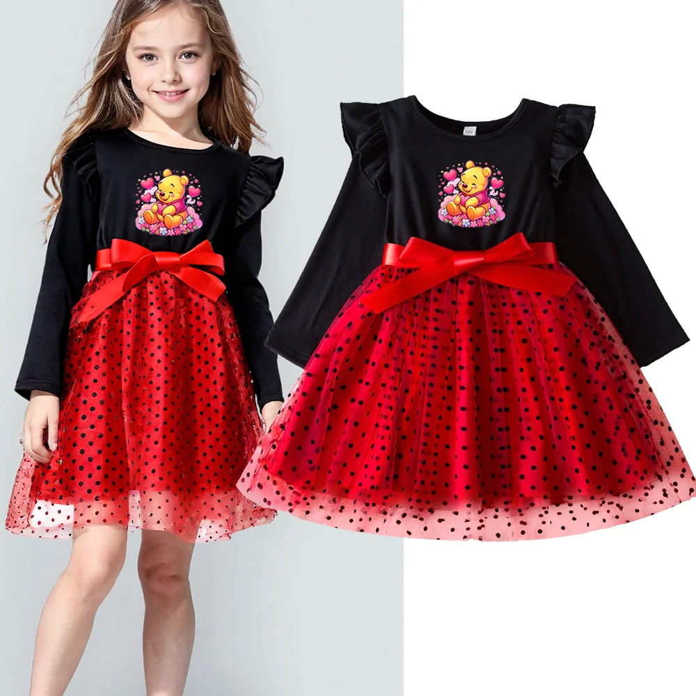 Winnie the Pooh Red Christmas Dress for Baby Girls Winter Long Sleeve Mesh Dresses 3-7Yrs Kid Birthday Party Princess
