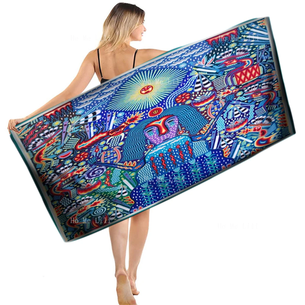 Huichol Yarn Painting Mexican Folk Art Altar Moctezuma Aztec Ruler Culture Symbology Quick-Drying Towel