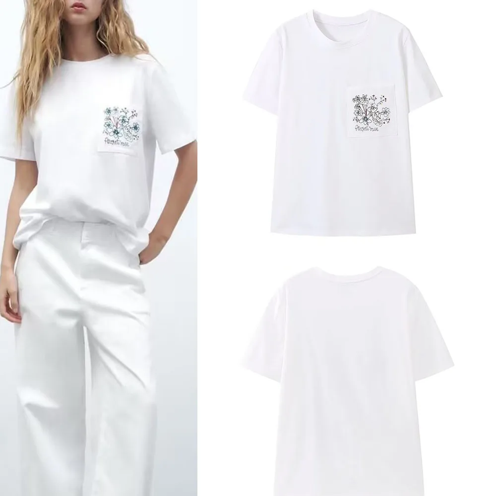 

New women's temperament fashion casual all-match front patch pocket chest contrast color flower embroidery T-shirt