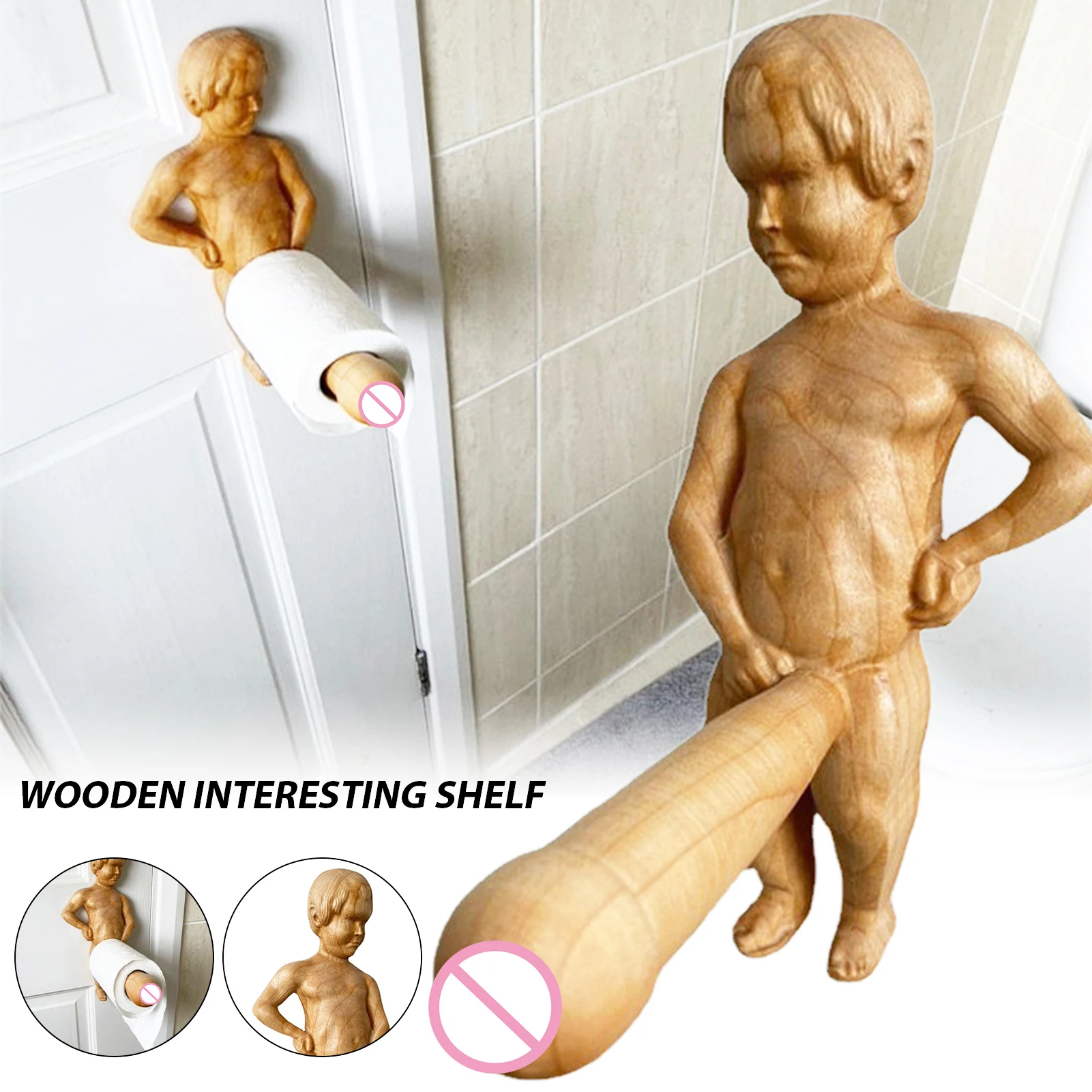 Toilet Roll Holder Wooden Funny Toilet Paper Holder Wall Mounted Decoration Multifunctional Roll Holder Wall Ornament