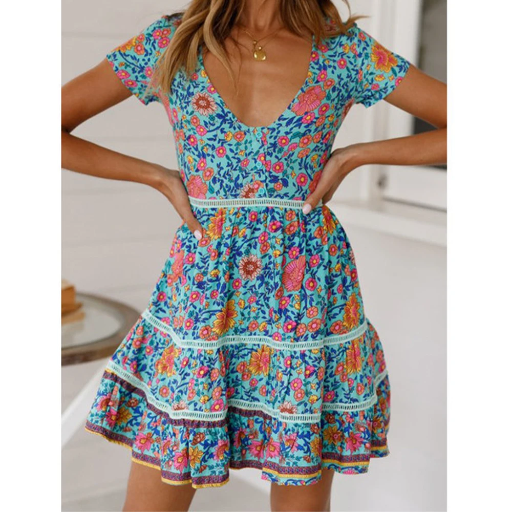 

Elegant Dresses For Women Vintage Hippie Floral Print V-neck Sashes Bohemian Mini Dress Short Sleeve Beach Wrap Boho Vestidos