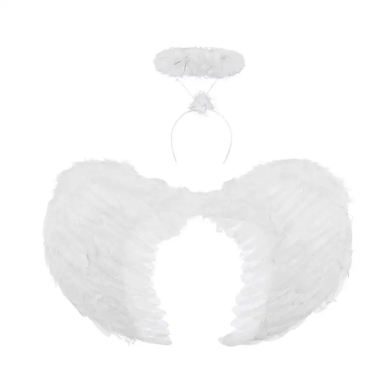 

Ангельские перья, крылья, белый цвет, искусственная кожа, набор с ангельскими перьями, крыльями, гало, повязка на голову и кольцо Ангела для Хэллоуина, искусственная фантазия