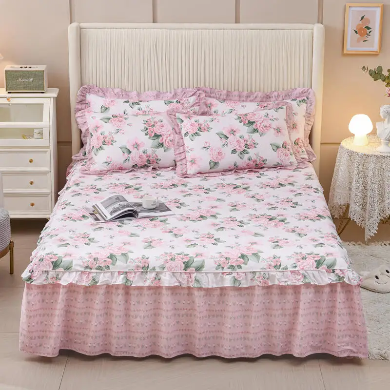 

Floral Print Bed Skirt Pillowcases 100%Cotton Princess Bedding Korean Style Ruffle Rubber Band Bedspread Mattress Cover 1.8M