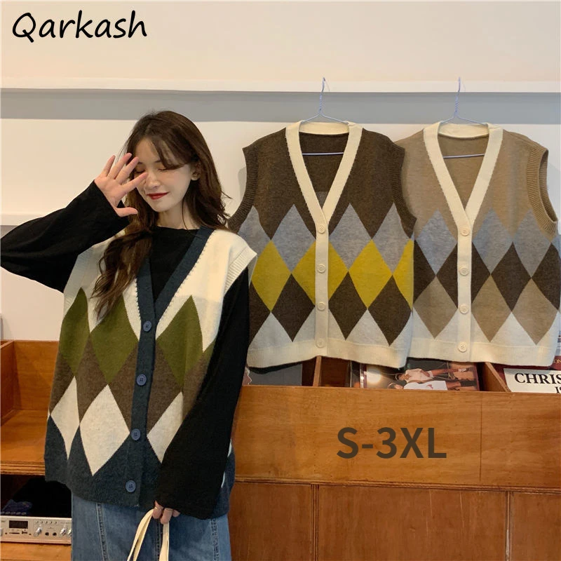 

Argyle Sweater Vests Women Single Breasted S-3XL Ulzzang Sweet Girls Autumn Knitwear Fashion Popular V-neck Casual Ins Korean