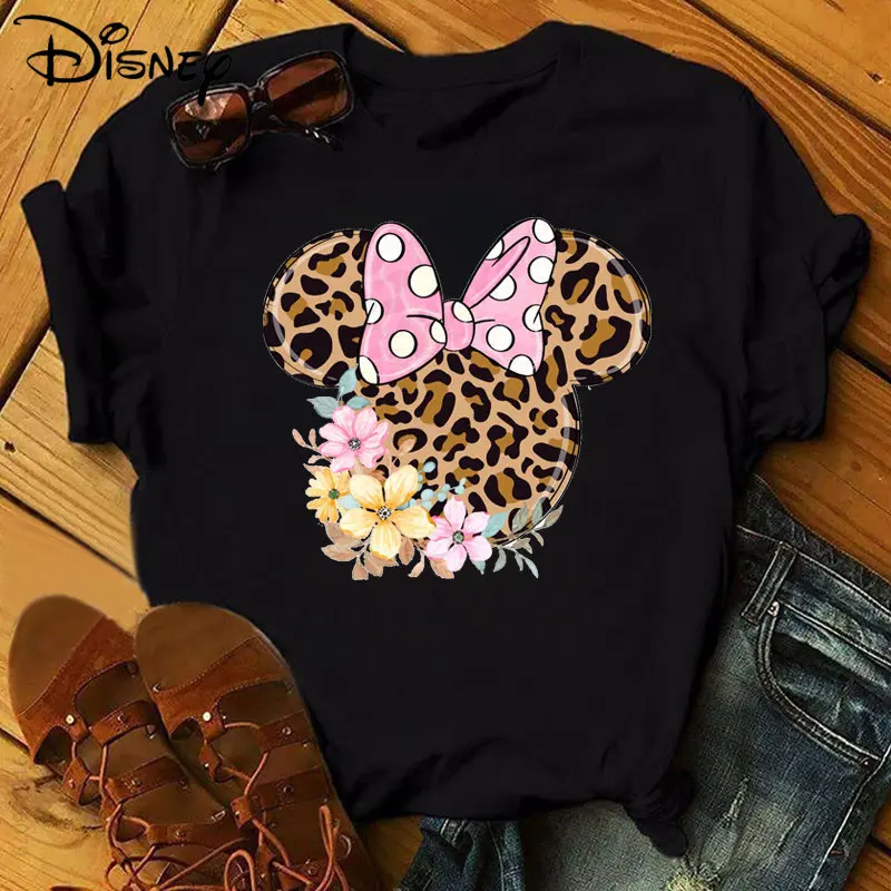 

Leopard Bow Mickey Ears Women's Top Summer O-Neck Women's Casual Tops Harajuku Mickey Women's Short Sleeves