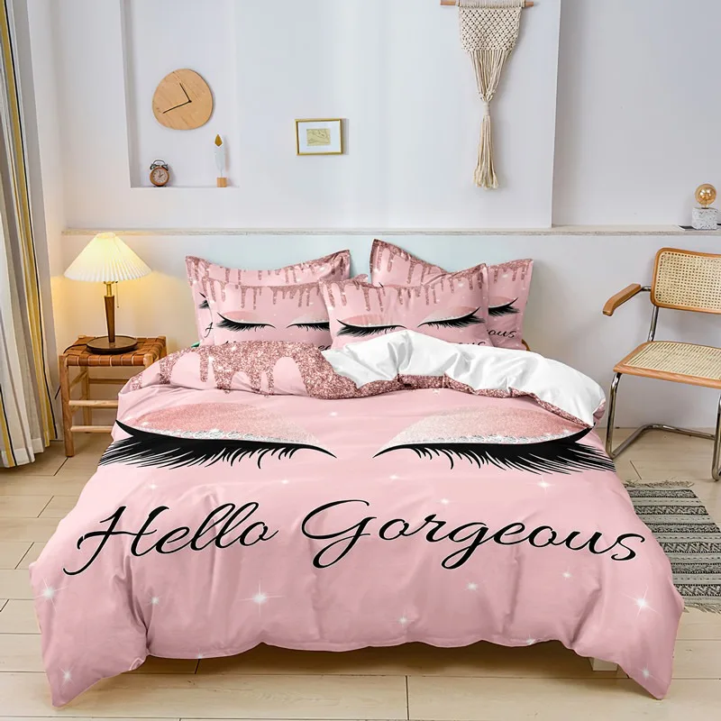 Фото Комплект постельного белья Hello Gorgeous с принтом ресниц, розовый блестящий пододеяльник с наволочками, мягкое постельное белье из микрофибры для девочек №2