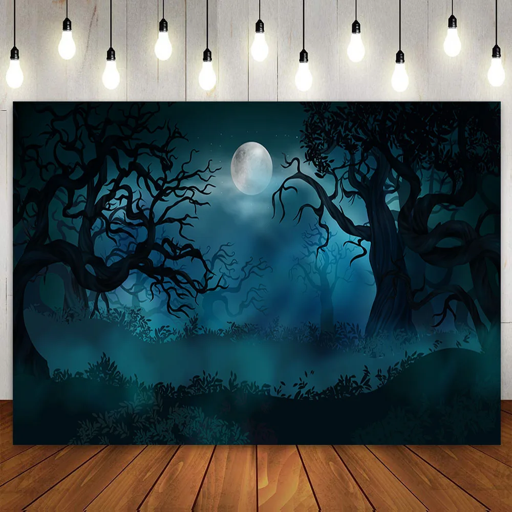 Halloween Party Background with Creepy Night Sky Fantasy Forest in Moonlight Magic Tree Branches Horror Scary Photo Backdrop