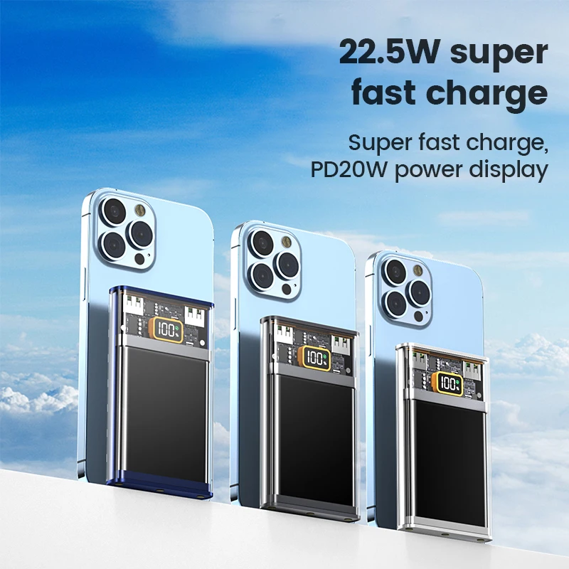 

Transparent Power Bank 20000mAh External Spare Battery 22.5W/PD20W Type C Fast Charge Mini Powerbank Portable Charger Universal