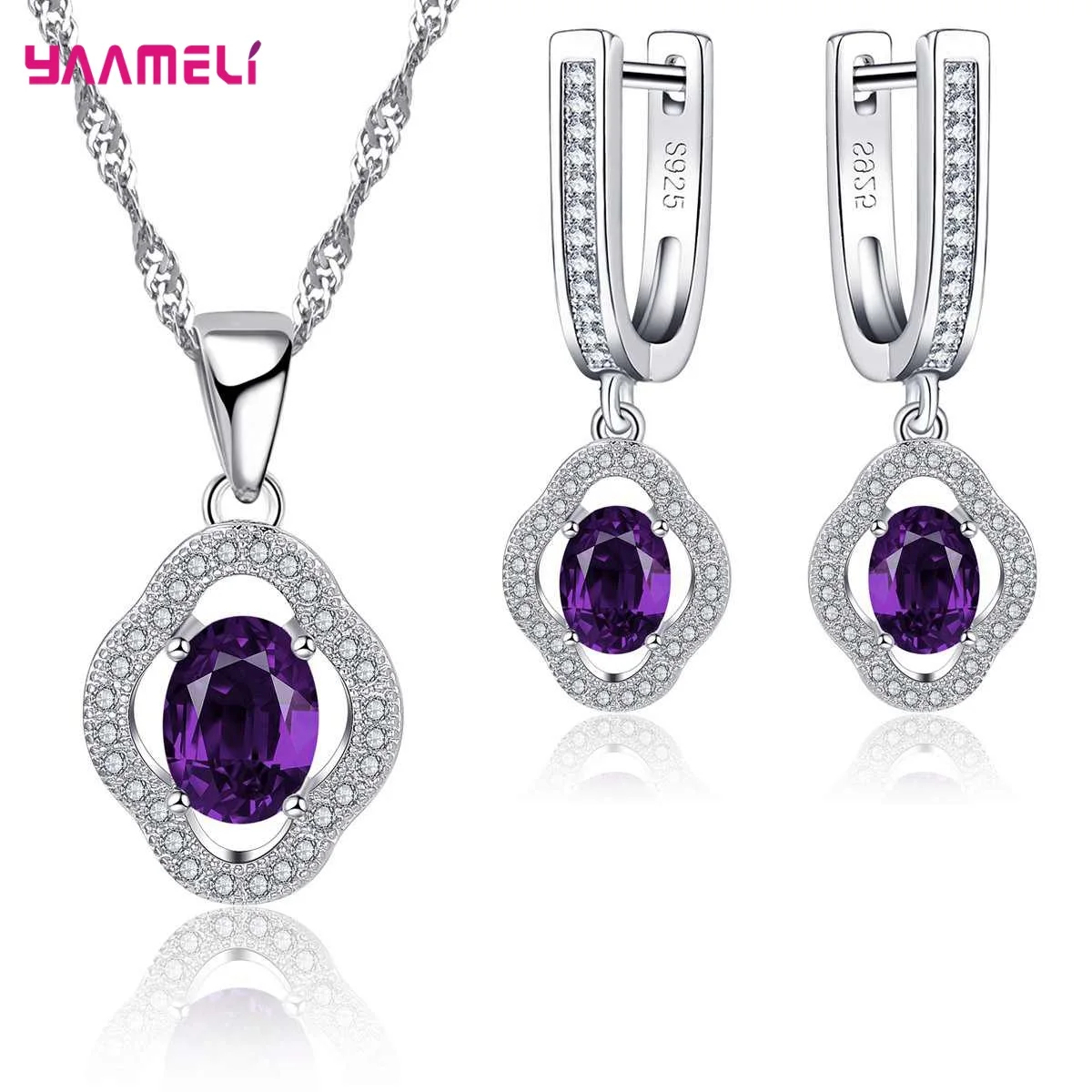 

Vintage Real Pure 925 Sterling Silver Gift Jewelry Sets for Women Female Shiny Cubic Zircon Pendant Necklace Huggie Earrings