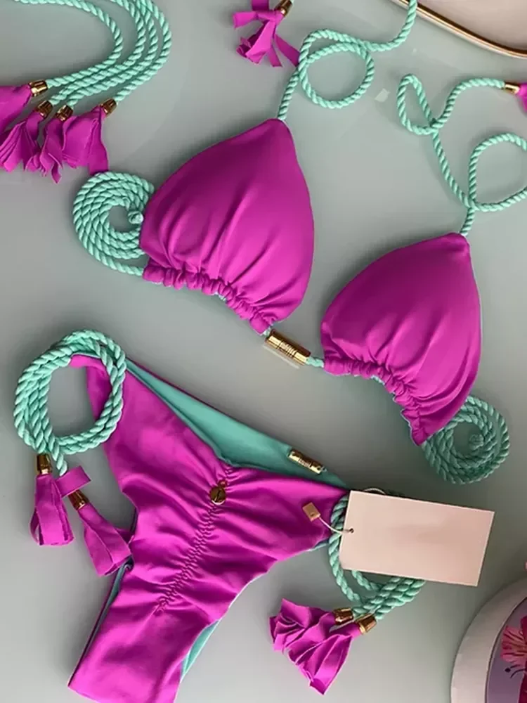 

Sexy Thong Bikini Set 2022 Swimsuit Woman Double Side Patchwork Bathing Suit Two Piece Bikinis Triangle Bandage Female Beachwear