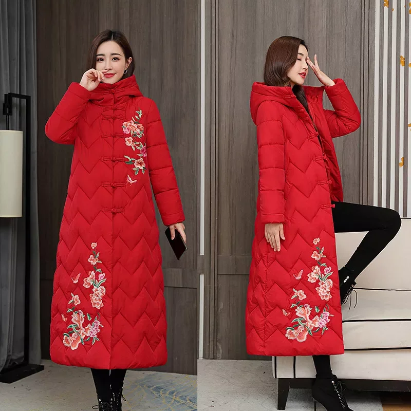 New2022 women embroidered clothes lengthened over knee loose cotton padded jacket Chinese style national style jacket
