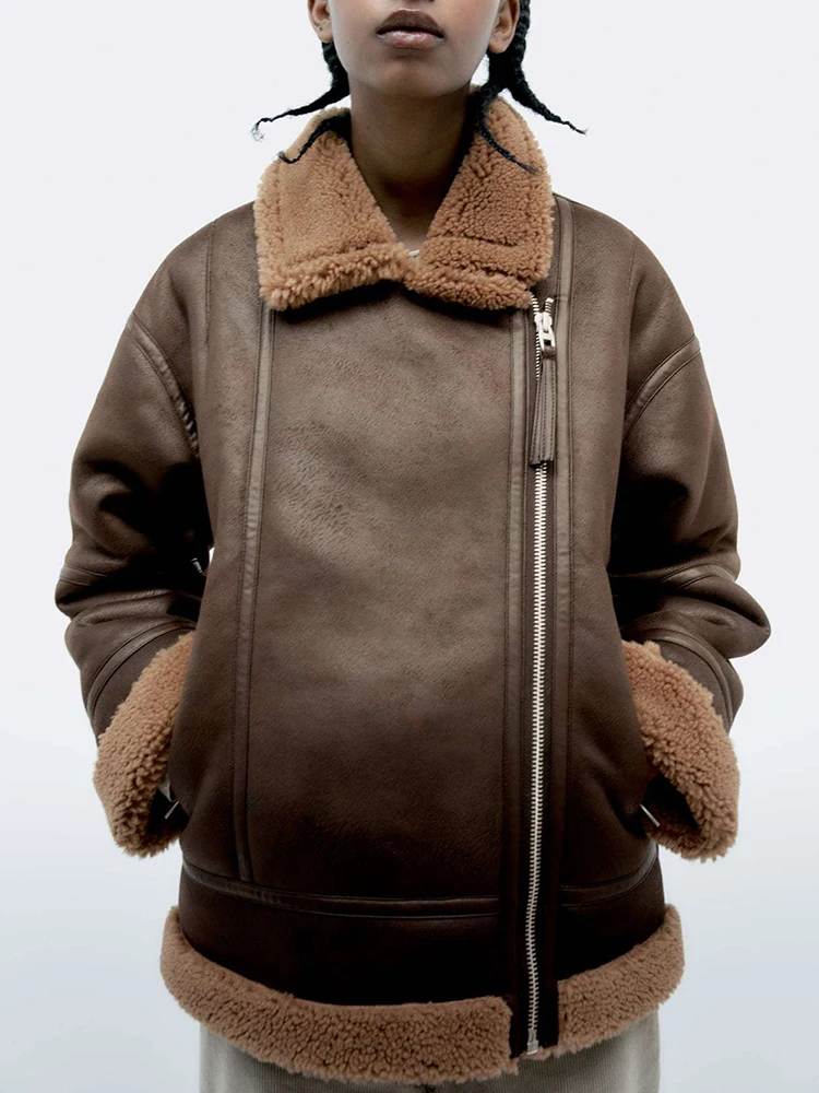 

LGRQ 2023 Women's Fleece Liner Shearling Winter Thermal Jacket Women's Lapel Personality Zipper Loose Fashion New Coat 19F3158